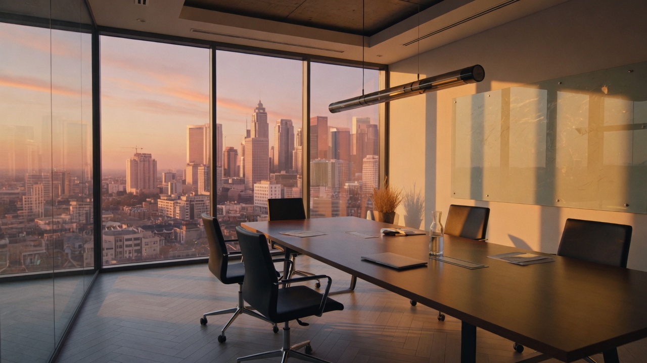 An empty conference room at golden hour